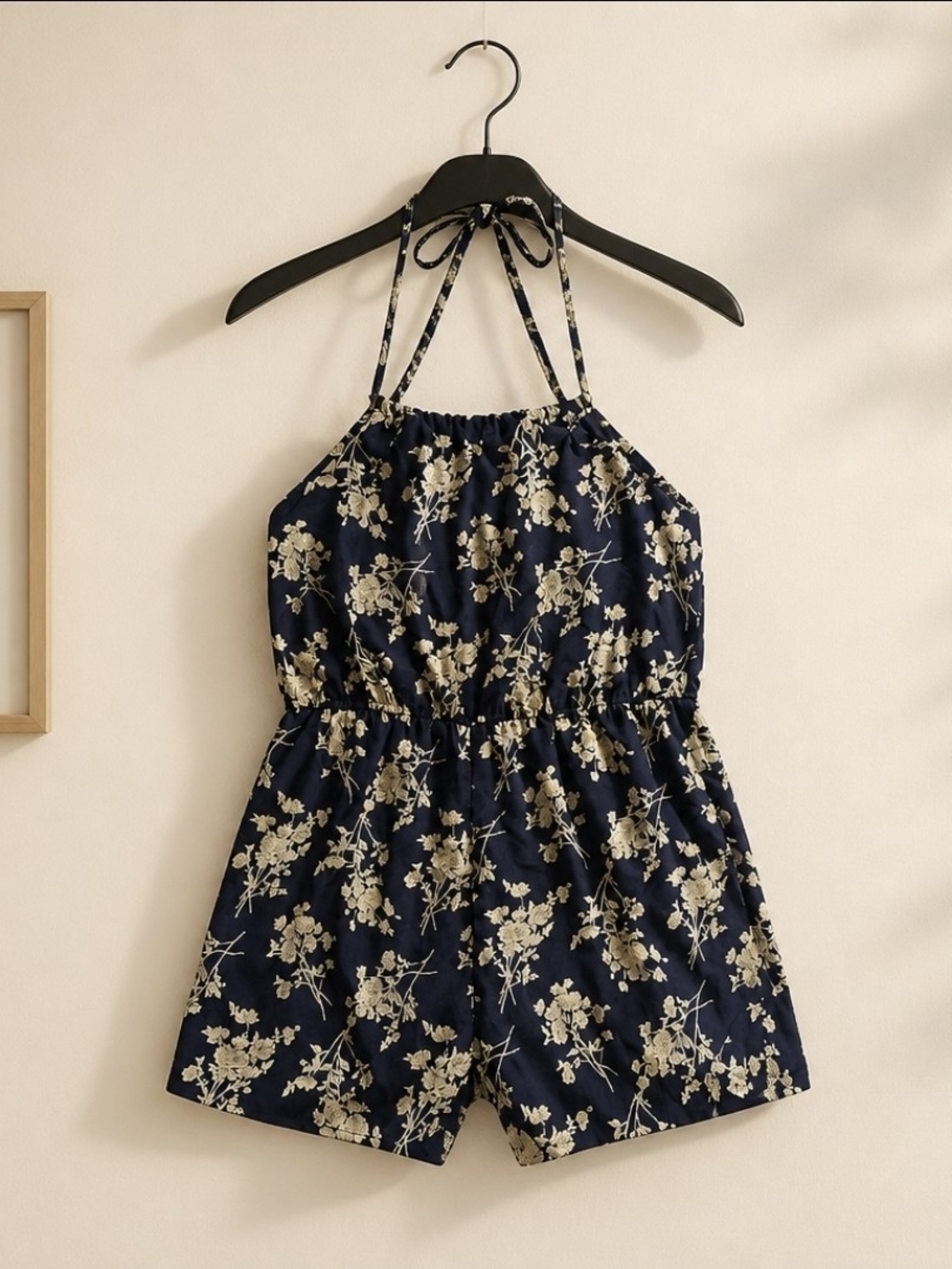 Women's Navy Floral Halter Romper Sleeveless Elastic Waist Summer Casual